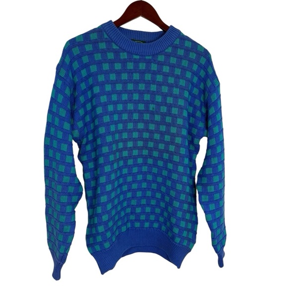Vintage Izod Chunky Knit Sweater Men’s L Blue Green Checkered Made in England